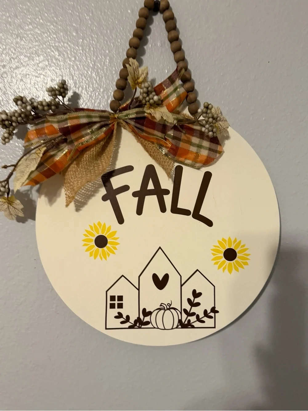 Fall Round Wall Sign in Cream and Brown with Yellow Accents